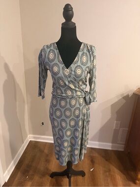 Ann Taylor Size 8 Petite Blue Geometric Wrap Dress - Women